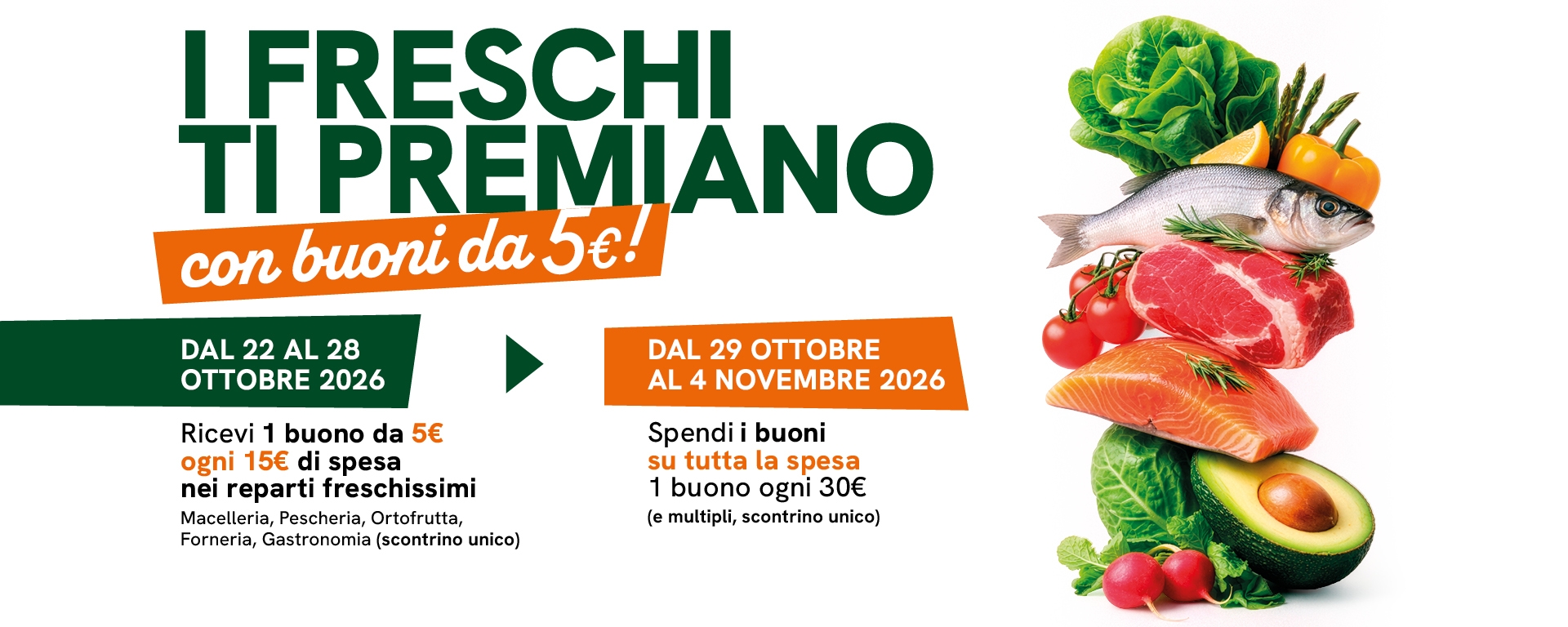 5€ di buono sconto ogni 15€ di spesa nei raparti freschissimi