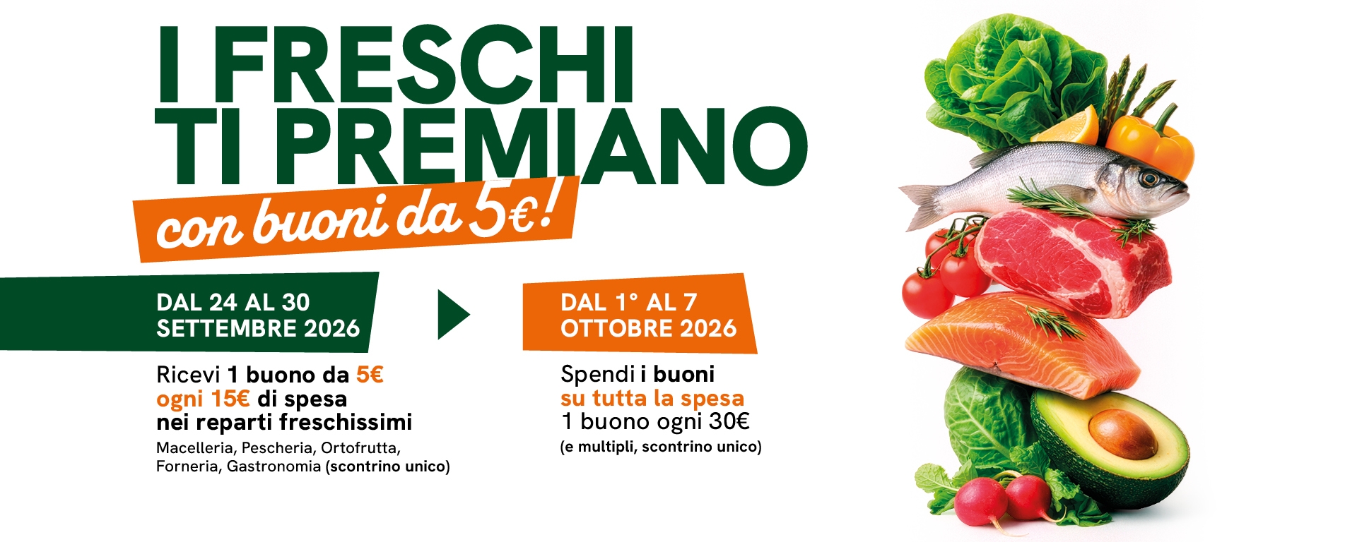 5€ di buono sconto ogni 15€ di spesa nei reparti freschissimi
